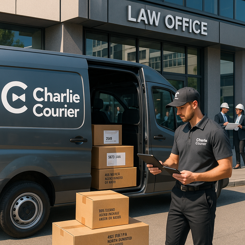 A sleek modern delivery van emblazoned with the Charlie Courier logo stands parked outside a bustling law office in North East Ohio The vans side door is ajar revealing neatly stacked boxes and envelopes each labeled with precise details In the foreg-1 A sleek modern delivery van emblazoned with the Charlie Courier logo stands parked outside a bustling law office in North East Ohio The vans side door is ajar revealing neatly stacked boxes and envelopes each labeled with precise details In the foreg-1