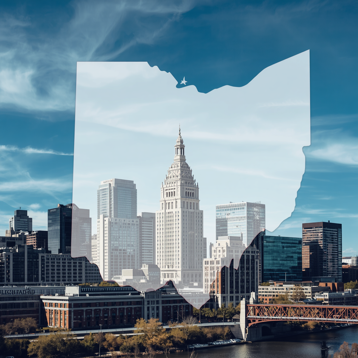 Professional courier service covering Northeast Ohio region, Cleveland skyline and legal district, courthouse buildings, law firm offices, map elements showing service area across multiple cities, professional business community in Ohio, trustworthy